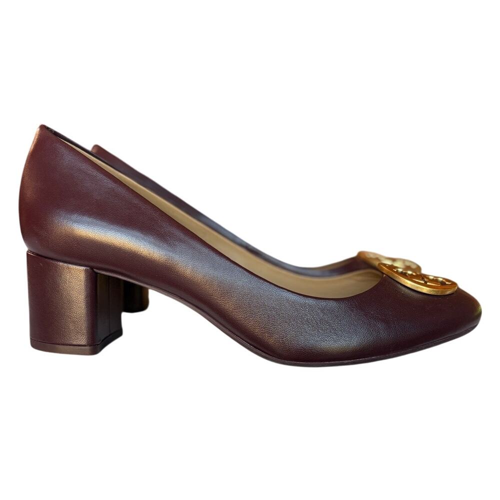 Tory Burch Benton Burgundy Block Heel Pumps Classic Polished Office Event size 8 - Picture 2 of 15